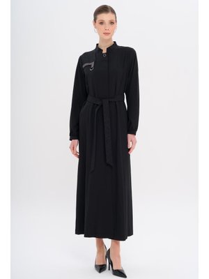 Siyah Hakim Yaka Taş Ve Desen Detaylı Astarsız Pardesü