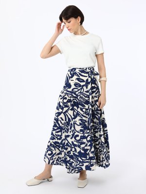 Floral Viskoz Etek Lacivert Beyaz Desenli