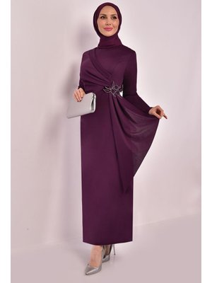 Giyim Moda Kemeri Taşlı Asimetrik Kalem Abiye Elbise Mürdüm