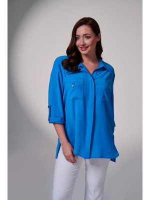 Mavi Büyük Beden Kolu Katlamalı Çift Cepli Gömlek