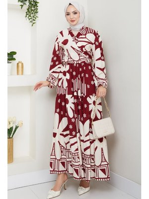 Çiçekli Geometrik Desen Bordo Viskon Takım