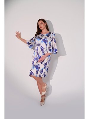 Büyük Beden Empirme Baskılı Elbise İndigo
