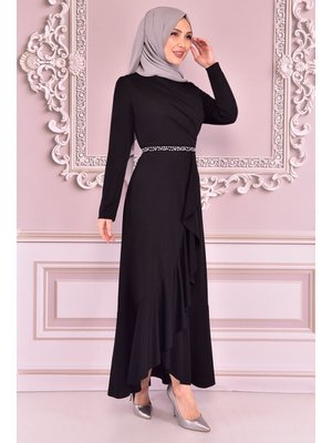 Giyim Moda Eteği Volanlı Kemeri Taşlı Abiye Elbise Siyah