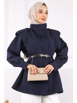 Lacivert Omuz Apoletli Kemerli Trençkot Lacivert Omuz Apoletli Kemerli Trençkot