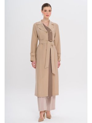 Bej Garni Detaylı Kruvaze Astarsız Modal Trençkot