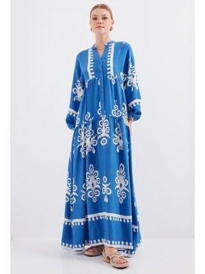 İndigo Otantik Desenli Elbise Beyaz İndigo Otantik Desenli Elbise Beyaz