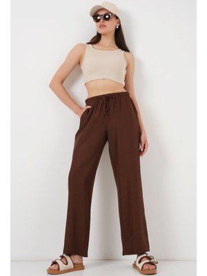 Kahverengi Geniş Paça Keten Pantolon Kahverengi Geniş Paça Keten Pantolon