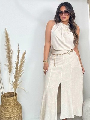 Taş Renk Pamuklu Keten Yırtmaçlı Bohem Etek