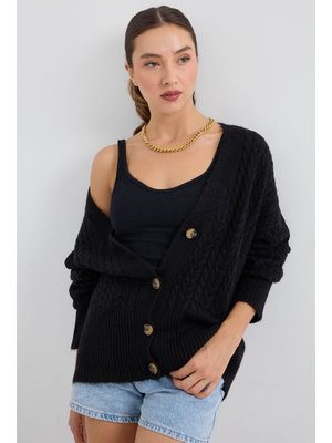 Siyah Örgülü Oversize Triko Hırka