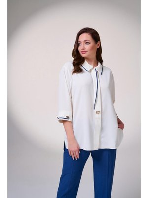 Ekru Büyük Beden Biye Ve Yaka Detaylı Kollar Aksesurlı Gömlek