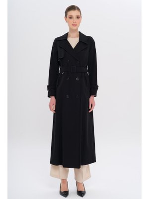 Siyah Kruvaze Leopar Desen Astarlı Su İtici Özellikli Uzun Trençkot