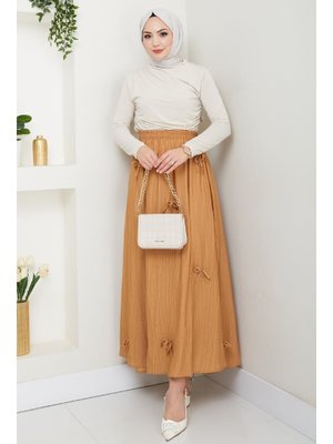 Fiyonk Detay Beli Lastikli Camel Etek