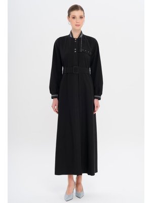 Siyah Ribana Detaylı Astarsız Modal Pardesü