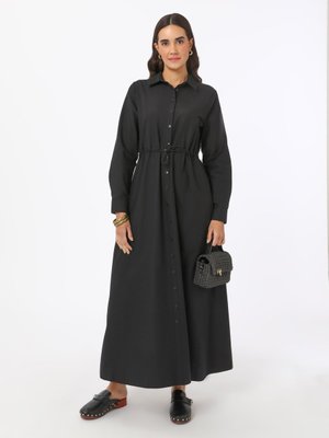 Siyah Pamuklu Belden Bağlama Detaylı Poplin Elbise