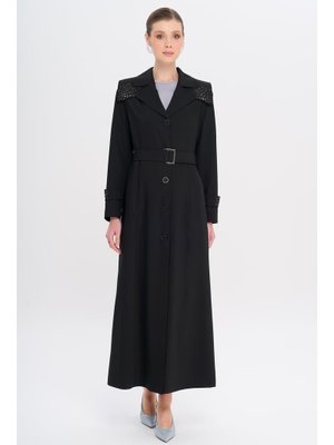 Siyah Pelerin Ve Kol Ağzı Taş Detaylı Astarlı Pardesü
