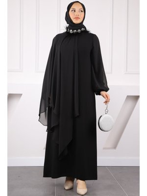Siyah Büyük Beden Yaka Taş Detaylı Abiye