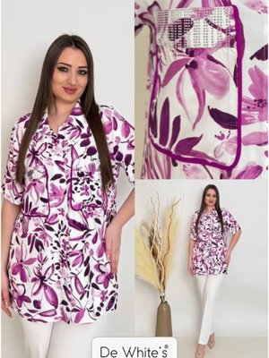 Fuşya Büyük Beden Empirme Baskılı Cep Kısımları Taş Detaylı Gömlek