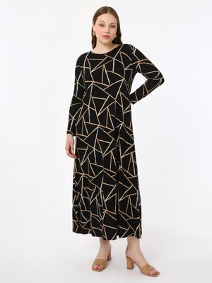Büyük Beden Geometrik Desenli Örme Elbise Siyah Vizon Büyük Beden Geometrik Desenli Örme Elbise Siyah Vizon