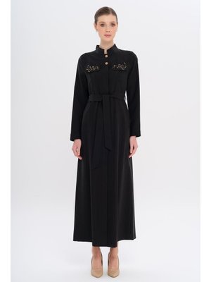 Siyah Hakim Yaka Boncuk Ve İşleme Detaylı Astarsız Modal Pardesü