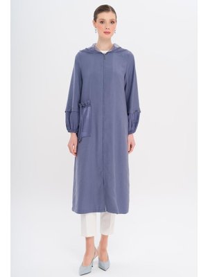 İndigo File Kapüşonlu Garni Detaylı Astarsız Modal Kap