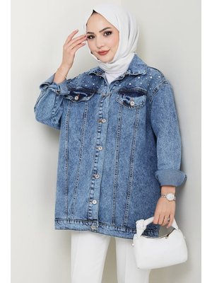 Mavi Elyez Taşlı Kot Ceket