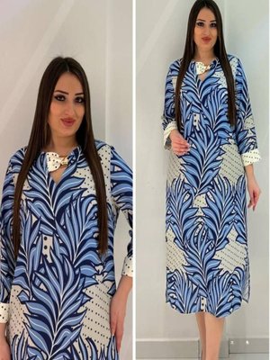 Mavi Büyük Beden Empirme Ve Yakası Aksesuarlı Elbise