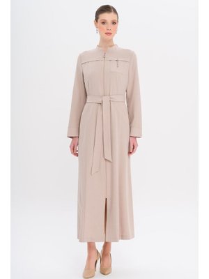 Hakim Yaka Fermuar Kapamalı Desen Detaylı Astarsız Pardesü Taş