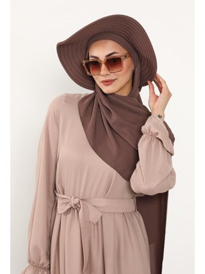 Çikolata Çıkarılabilir Arkası Fiyonklu Şapkalı Pratik Krep Şal Türban,ss