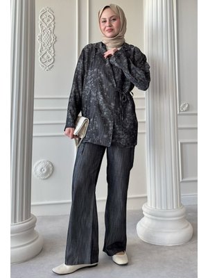 Kot Görünümlü Jakar Antrasit Kimono Takım