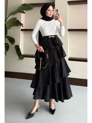 Siyah Fırfırlı Kat Kat Uzun Etek Siyah Fırfırlı Kat Kat Uzun Etek