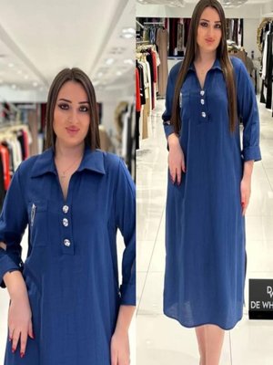 Büyük Beden Göğüs Kısmı Cepli Ve Aksesuar Detaylı Elbise İndigo