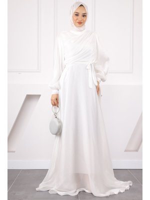 Ekru Balon Kol Önü Drapeli Şifon Abiye Ekru Balon Kol Önü Drapeli Şifon Abiye