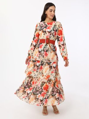 Pembe Desenli Şifon Elbise