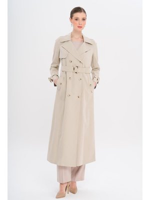 Kruvaze Leopar Desen Astarlı Su İtici Özellikli Uzun Trençkot Taş