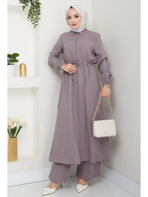 Uzun Tunikli Pantolonlu Kaş Vizon Takım