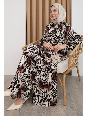 Zebra Desen Kahverengi Viskon Elbise