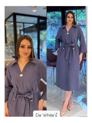 Büyük Beden V Yaka Gömlek Elbise İndigo