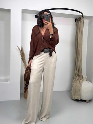 Taş Lastikli Keten Pamuk Palazzo Pantolon