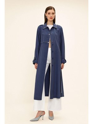 İndigo Kontrast Dikiş Detaylı Astarsız Modal Trençkot