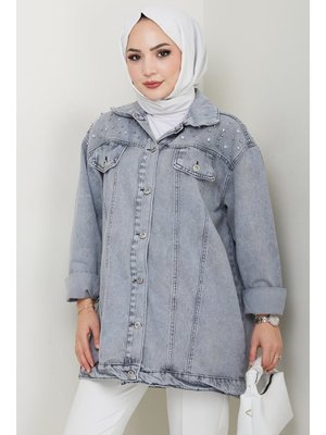 Gri Elyez Taşlı Kot Ceket