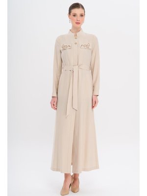 Hakim Yaka Boncuk Ve İşleme Detaylı Astarsız Modal Pardesü Taş