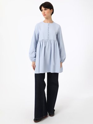 Büzgü Detaylı Düğmeli Tunik Gok Mavi