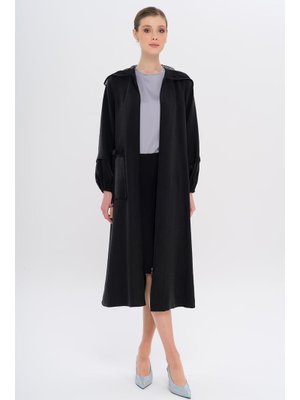 Siyah File Kapüşonlu Garni Detaylı Astarsız Modal Kap