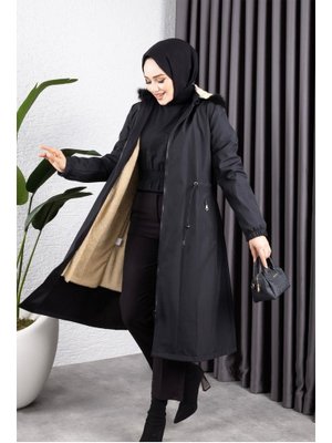 Kapüşonlu Belden Sıkmalı Bondit Kaban