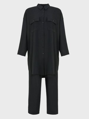 Siyah Büyük Beden Cep Detaylı Düğmeli Tunik & Pantolon İkili Aerobin Takım