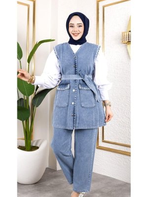 Pantolon 2li Takım Boncuk İşlemeli Kuşaklı Yelek Pantolon 2li Takım Boncuk İşlemeli Kuşaklı Yelek