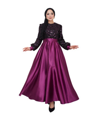 Giyim Moda Pul Detaylı Saten Abiye Elbise Mor