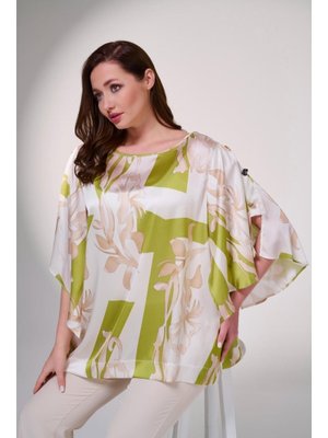 Yeşil Büyük Beden Şifon Asimetrik Empirme Baskılı Bluz
