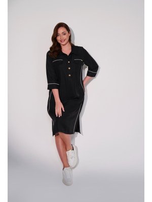 Siyah Büyük Beden Cepli Ve Biye Detaylı Gömlek Yaka Elbise