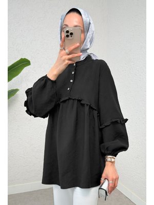 Siyah Fırfırlı Balon Kol Tunik
